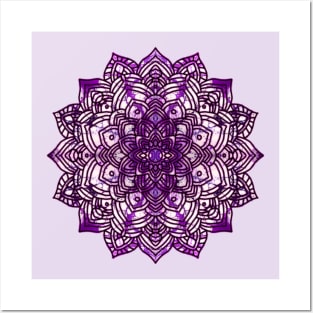 Violet/Lavender Paint Pour Mandala Posters and Art